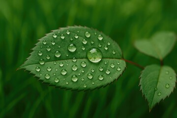 Aufkleber - Water droplets rest on a vibrant green leaf of a blooming rose plant