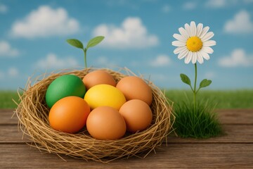 Poster - Hidden surprises: bird eggs nestled in a wooden setting with a sprouting green plant