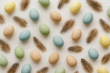 Poster - Colorful Easter eggs and feathers on a white wooden surface from a top-down perspective