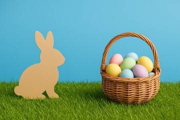 Poster - Festive Easter Greeting with pastel eggs and a bunny silhouette on a vibrant blue backdrop, featuring space for a message