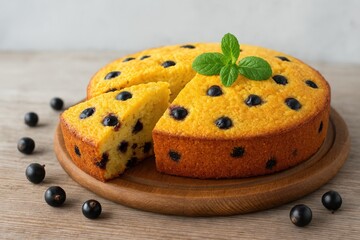 Poster - Delicious homemade dessert featuring cornmeal and black currants garnished with fresh mint, set against a light grey concrete backdrop. Perfect for summer baking.