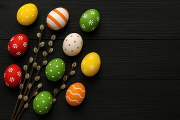 Poster - Festive Easter Arrangement with Decorated Eggs and Dried Willow Branches on Dark Wooden Surface