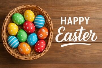 Poster - Festive Egg Arrangement Featuring Joyful Easter Greeting on Rustic Wooden Surface