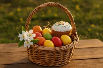 Poster - Close-up of an Easter basket filled with eggs and food items