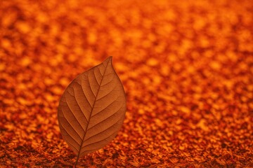 Fototapete - Autumn foliage with fallen brown leaves on a vibrant orange landscape, showcasing natural patterns and forest scenery with hills in the background, ideal for textured wallpapers.