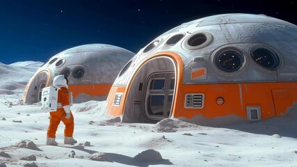 Wall Mural - astronaut in orange spacesuit walking near modular white and orange dome structures on rocky lunar l