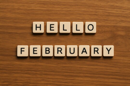 February alphabet characters displayed on rustic wood surface