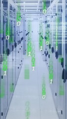 Poster - Animation of falling binary codes and computer language over server room
