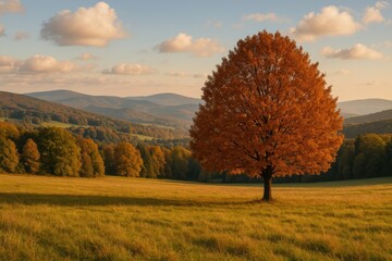 Poster - A vibrant autumn tree with brown leaves standing in a mountain meadow within a range of rolling hills