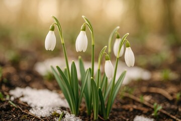 Poster - Spring garden with blooming snowdrop buds