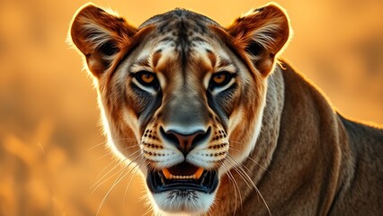  Close-up portrait of a majestic lioness with intense gaze and golden savanna backdrop.
