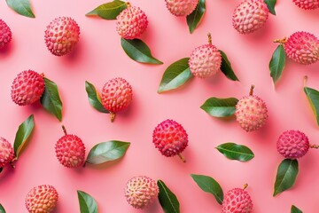 Poster - Ripe lychees arranged with green leaves on a pink backdrop, forming a visually appealing pattern