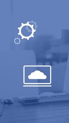 Poster - Animation of business icons over office desk with computer