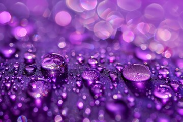 Poster - Macro photography capturing glistening purple water droplets on a textured surface, creating a mesmerizing abstract scene with a dreamlike quality