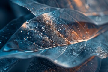 Poster - Close up of a leaf with water droplets, highlighting the intricate veins and textures, illuminated by warm light