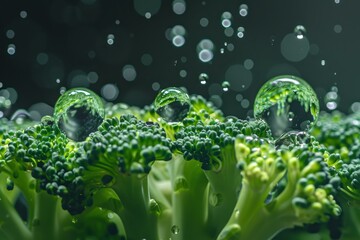 Poster - Close up of fresh, wet broccoli florets, glistening with water droplets, creating a vibrant and healthy image