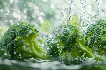 Poster - Fresh broccoli florets getting rinsed under running water, emphasizing healthy eating and food preparation