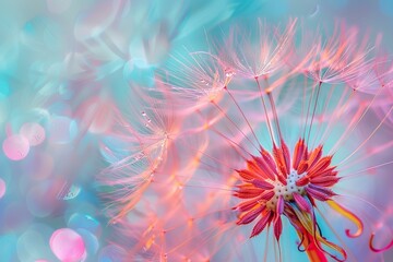 Poster - Macro close up of dandelion flower showing dew drops on colorful background