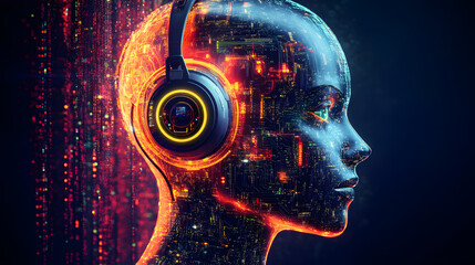 Fototapete - Futuristic humanoid head with neon neural network and blue-yellow eyes: abstract AI-generated concept art symbolizing artificial intelligence, ideal for tech presentations, sci-fi branding, or digital