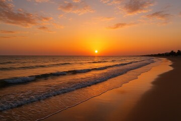 Poster - Stunning evening views over a coastal beach with a vibrant sunset