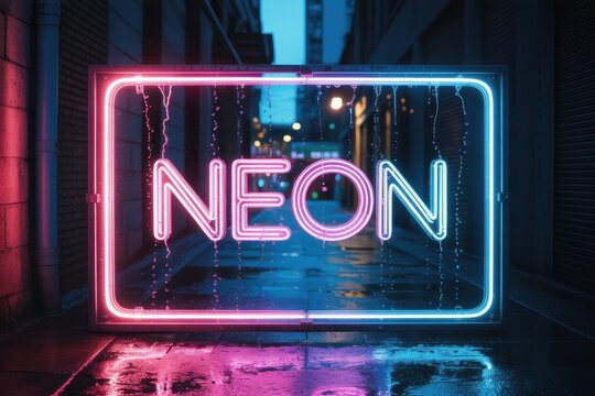 A photograph of a vibrant, glowing neon rectangle frame centered against a dark, urban alleyway