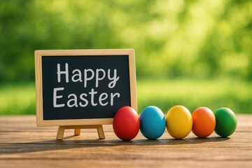 Poster - Festive Easter Greeting on a Chalkboard with Colorful Eggs and Wooden Surface
