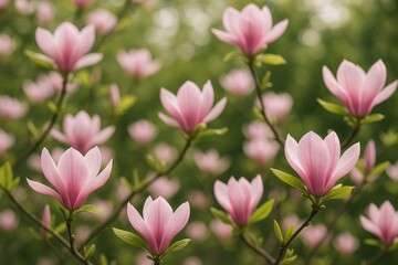 Wall Mural - Springtime display of blooming magnolias in the botanical garden