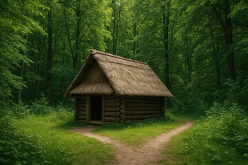Poster - A cabin nestled within a dense woodland