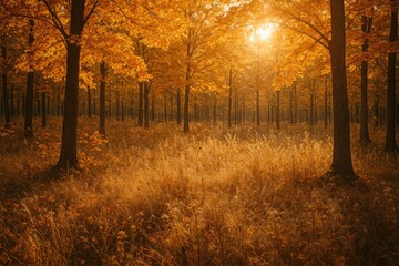 Poster - Fall Season in Woodland with Colorful Foliage and Brown Vegetation