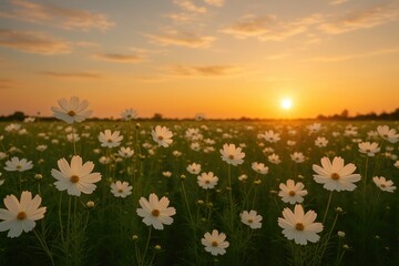 Wall Mural - Stunning sunset over a vast cosmos flower meadow