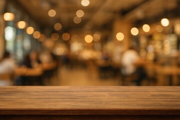 Poster - Abstract blurred backdrop featuring a wooden surface and a dining setting with bokeh effects