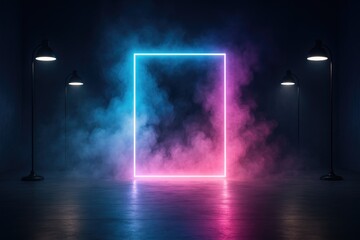 Poster - Interior scene featuring empty space with ambient lighting, glowing neon accents, and atmospheric fog