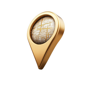 Golden location icon with map pinpoint of gold destination marker for on transparent background