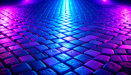 Poster - Blue and purple neon glowing bricks background
