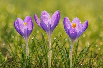 Poster - Vivid purple crocuses blooming after a spring shower with dewdrops on petals