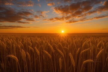 Wall Mural - A summer landscape featuring a field of mature rye or wheat during sunrise or sunset with a cloudy sky in the background.