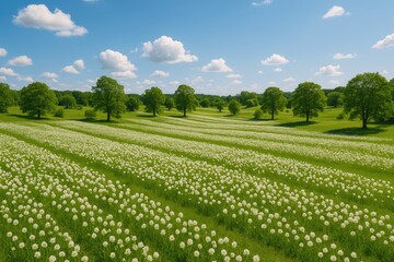 Wall Mural - Bird's-eye perspective of lush countryside featuring vibrant flower gardens and wooded areas beneath a clear blue sky in a national reserve