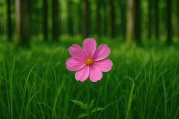 Poster - A vibrant pink blossom nestled within a lush green woodland clearing