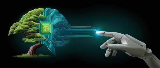 Poster - Artificial intelligence agent concept with robotic hand touching digital brain and tree symbolizing nature and technology connection