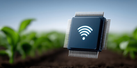 Poster - Futuristic ai agent microchip with wireless signal icon floats above soil symbolizing smart technology in agriculture and connectivity innovation