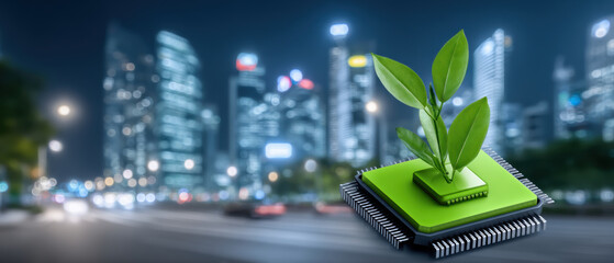 Poster - Ai agent technology concept with green plant growing on microchip symbolizing eco friendly innovation in futuristic cityscape at night