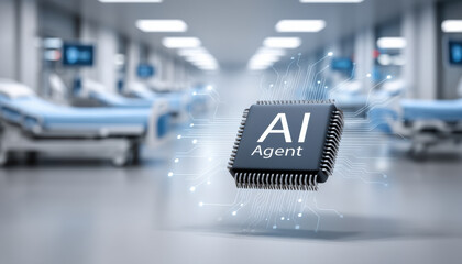 Poster - AI agent chip technology concept with futuristic digital circuit in hospital room background for medical innovation