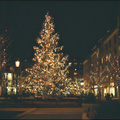 Wall Mural - Christmas tree illuminating street at night