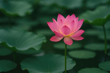 Poster - Stunning pink lotus blossoms and foliage floating on a tranquil pond