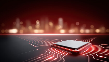 Poster - Futuristic ai agent concept with glowing microchip and red circuit lines symbolizing advanced technology and digital connection