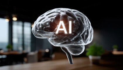 Poster - AI agent concept with digital brain hologram glowing in modern office environment showing futuristic technology
