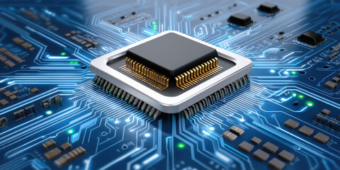 Poster - Microchip ai agent on blue circuit board with glowing connections showing advanced technology and digital innovation in electronics design