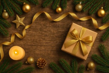 Poster - Festive holiday scene with seasonal ornaments on rustic wooden surface
