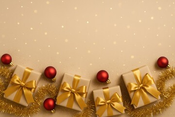 Poster - Festive holiday gift arrangements featuring shimmering tinsel, glittering accents, red matte ornaments, and elegant bows on a neutral backdrop. Space for message