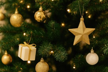 Poster - Close-up of festive holiday ornaments on a decorated Christmas tree